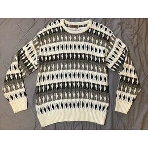 Jantzen Knit Grandpa Sweater Men's Large Cream And Gray Made In USA Vintage